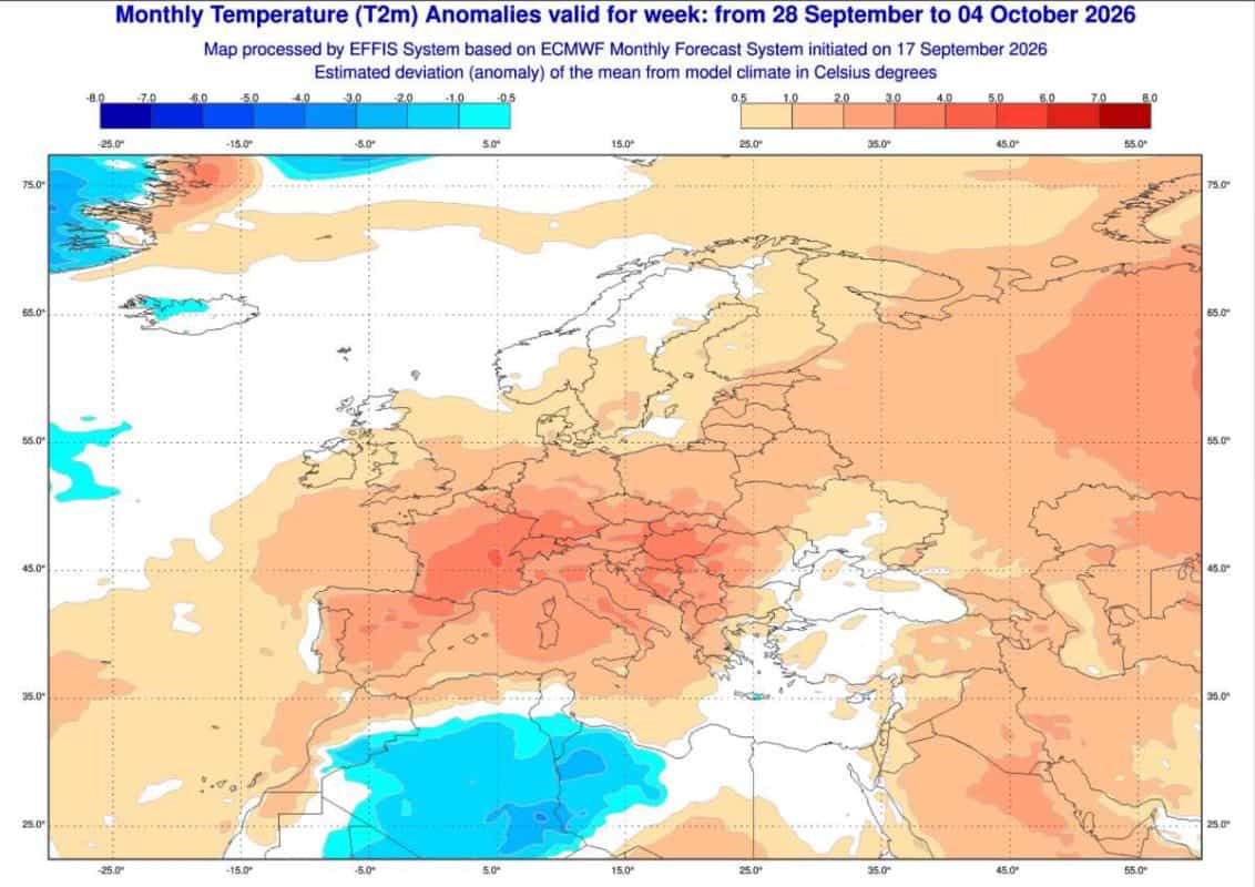 Mapa anomalii temperatury w Europie na przełom września i października. Prognoza modelu ECMWF zapowiadająca spływ chłodnego powietrza ze Skandynawii.