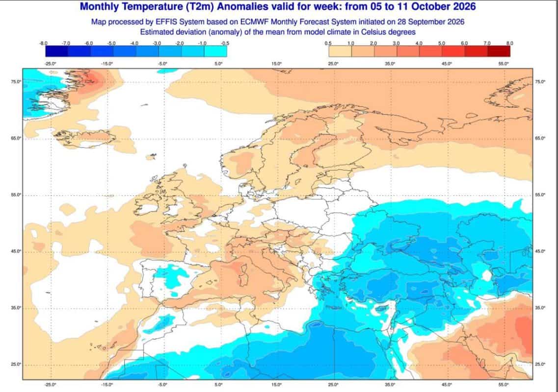 Prognoza anomalii temperatury ECMWF do 11 października. Nadciąga ujemna anomalia w Europie i chłodne noce.