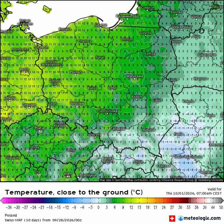 . Model SWISS-MRF ukazuje pierwsze spadki temperatury nocą.