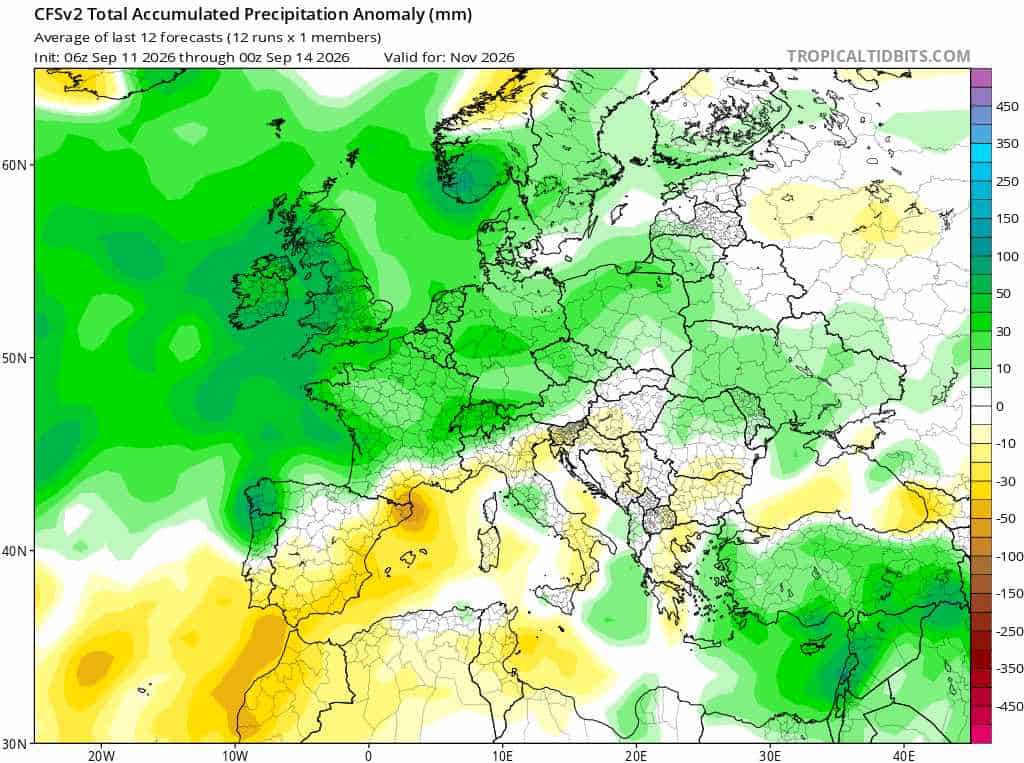 Model CFSv2 dla Europy na schyłek jesieni meteorologicznej. Mapa anomalii ciśnienia zapowiadająca dynamiczne zmiany aury i wiatr.