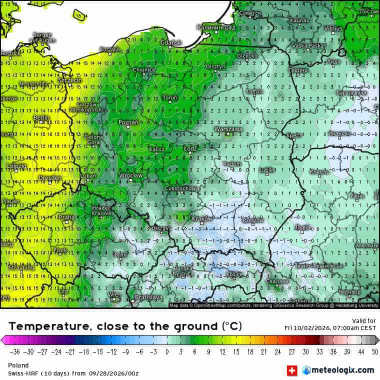  Model SWISS-MRF i mróz wywołany spływem zimnych mas powietrza.