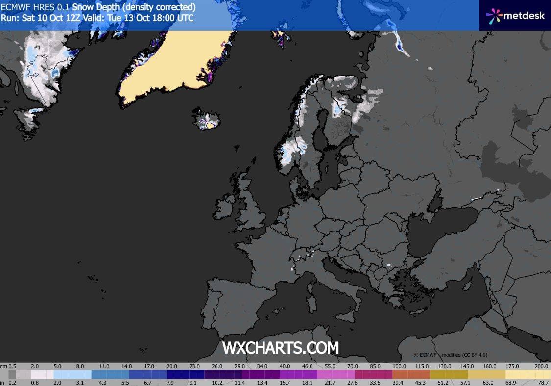 Pierwszy śnieg już spadł w Europie. Mapa pokazuje grubość pokrywy śnieżnej