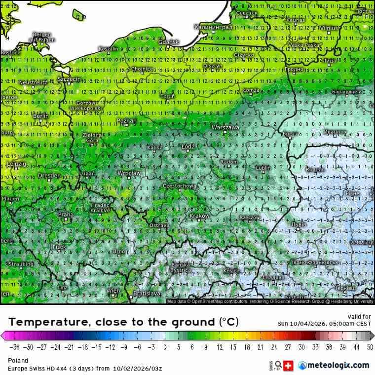 Model SWISS-HD potwierdza silne spadki w zastoiskach chłodu.