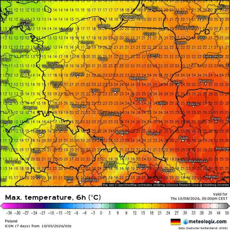 Ocieplenia do 26°C tuż przed nadejściem frontu chłodnego w Polsce