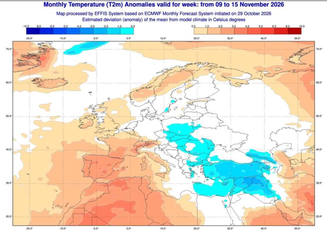 Prognozowana anomalia temperatury na okres od 9 do 15 listopada 2026 według ECMWF.