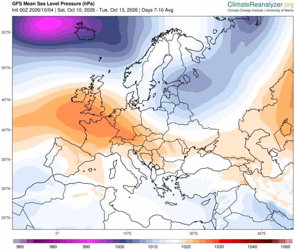 nowa prognoza na 16 dni. Model GFS prognozuje rozkład ciśnienia w dniach 10-13 października 2026 r. Przełamanie blokady wyżowej. 
