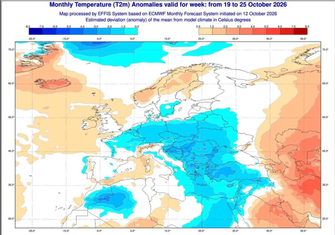 pogoda i prognozowana anomalia termiczna według ECMWF