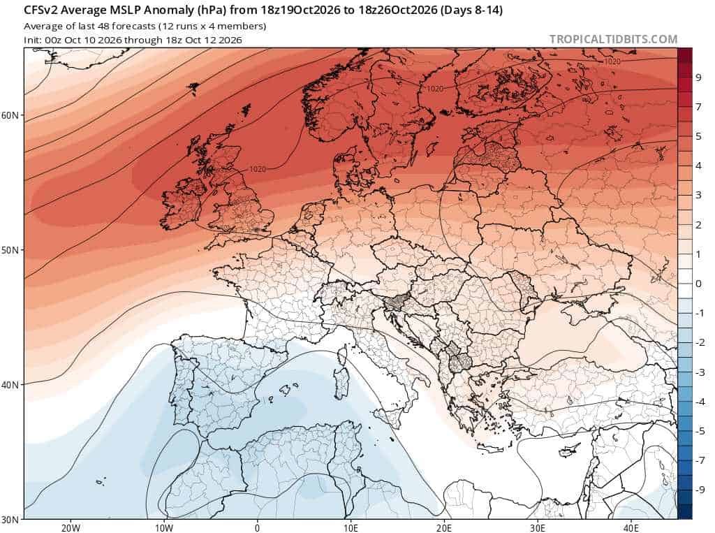 Anomalia ciśnienia wg CFSv2 do 26 października 2026 r. Ośrodek wysokiego ciśnienia stabilizujący jesienną pogodę nad krajem. Okresami zgniły antycyklon
