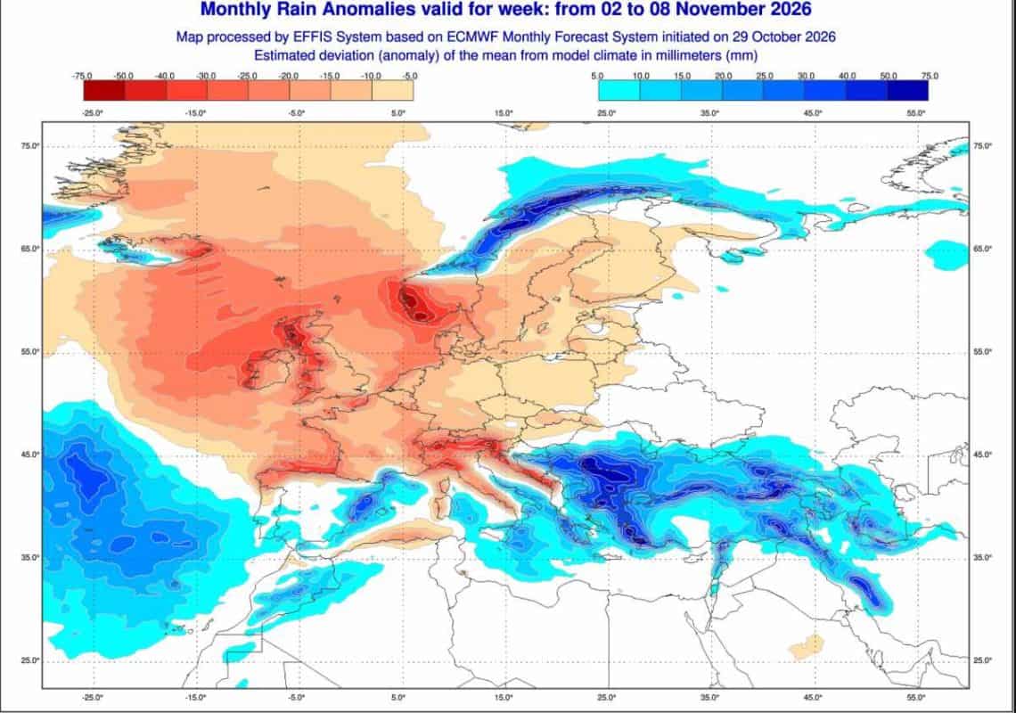 Spodziewana anomalia opadów na okres od 2 do 8 listopada 2026 według modelu ECMWF.