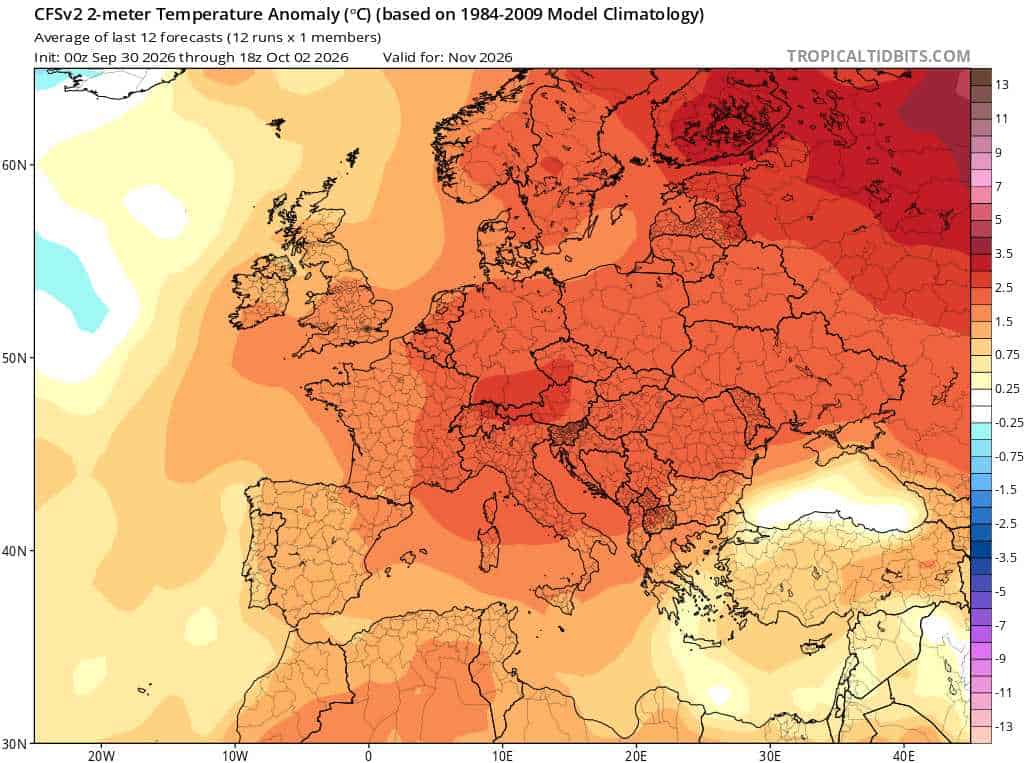 Nowa prognoza anomalii temperatury na listopad 2026 r. według modelu CFSv2 dla obszaru Europy.