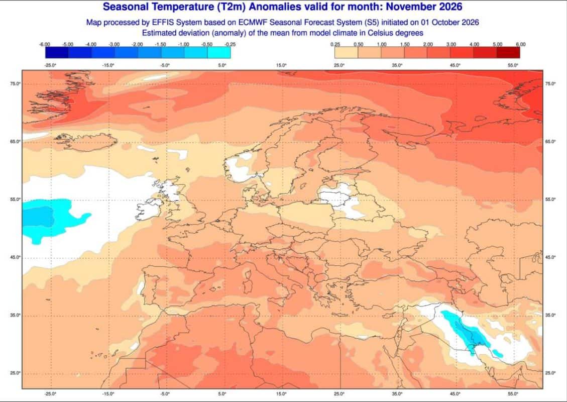 Prognozowana anomalia temperatury powietrza na listopad 2026 r. według ECMWF. Walka ciepłych i chłodnych mas powietrza z możliwymi mrozami.