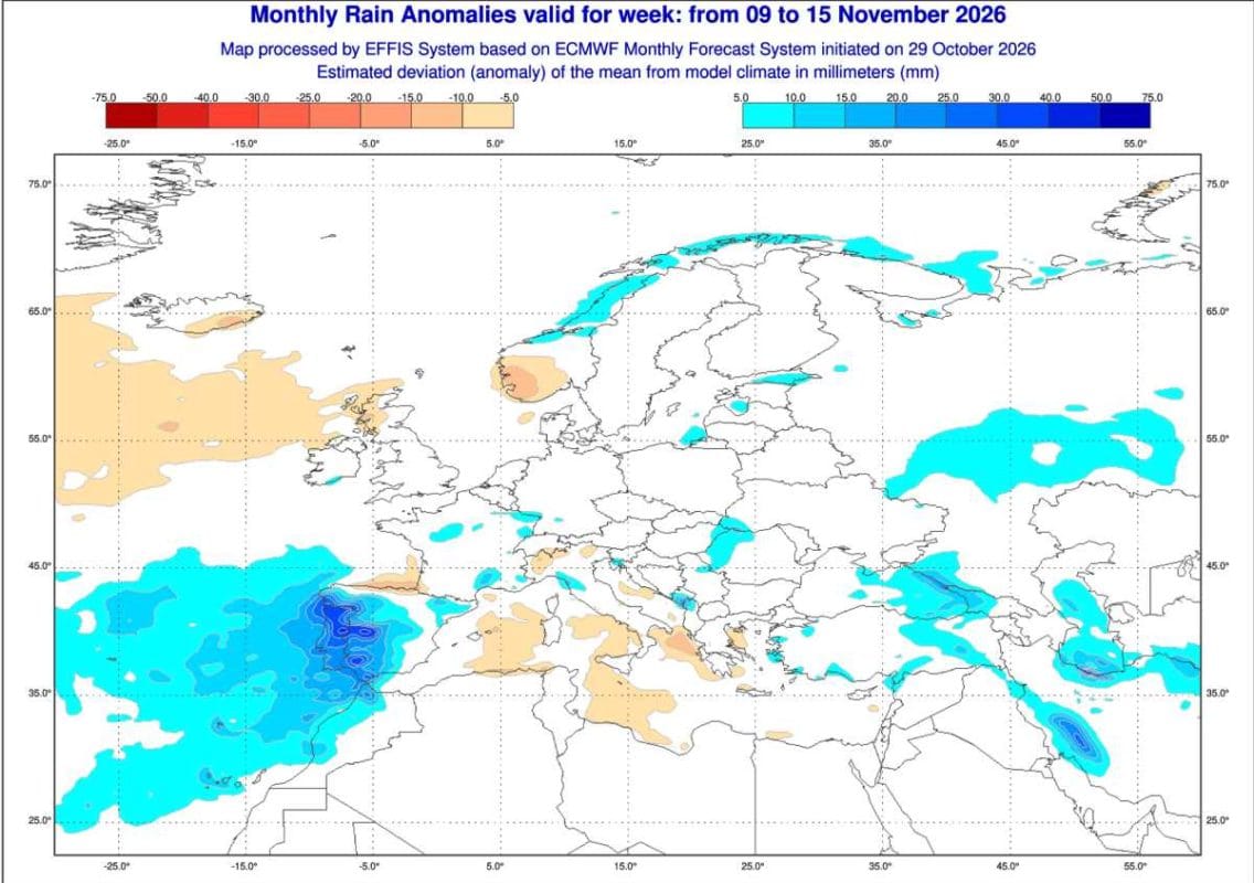pogoda mocno zmieni się w kraju. Prognozowana anomalia opadów na okres od 9 do 15 listopada 2026 według ECMWF dla Europy.  