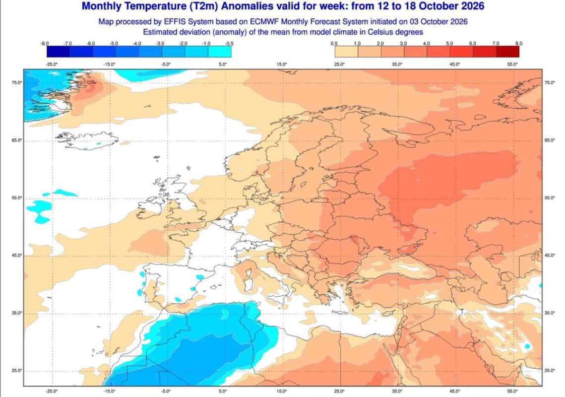 Anomalia temperatury w Polsce i Europie według modelu ECMWF na okres 12-18 października. Aktywne niże z zachodu. Pogoda na 16 dni 