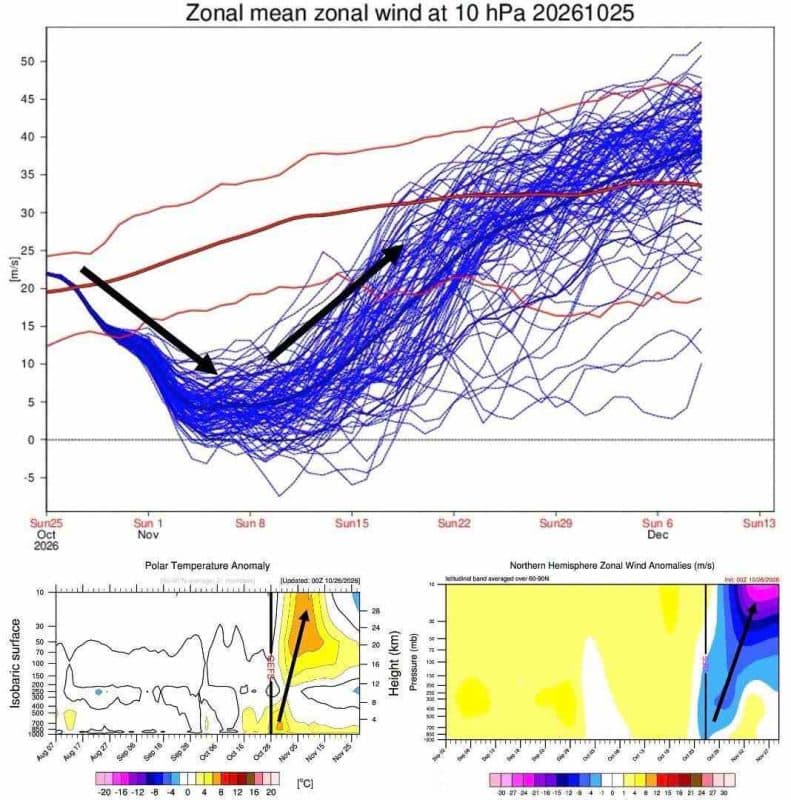 Prognozowane anomalie temperatury i prędkości wiatru