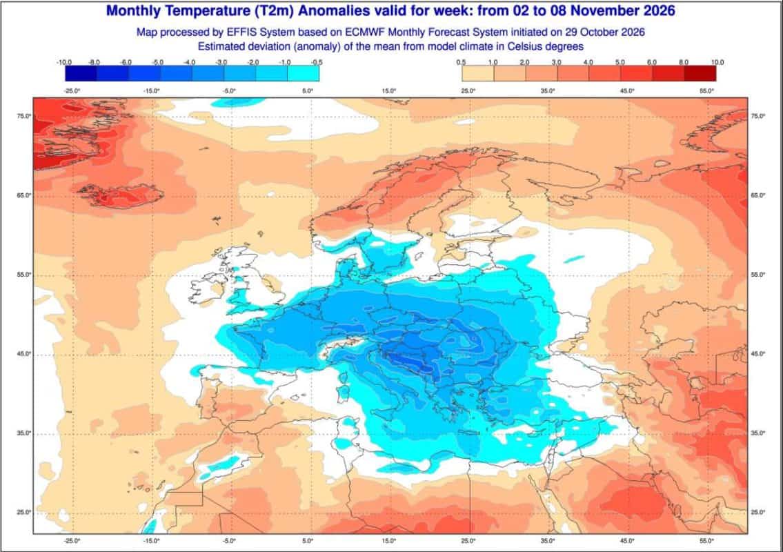 Prognoza anomalii temperatury na okres od 2 do 8 listopada 2026 według modelu europejskiego ECMWF.