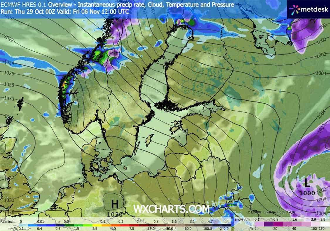 Prognozowany zasięg i wysokość opadów śniegu na początek listopada według modelu ECMWF.