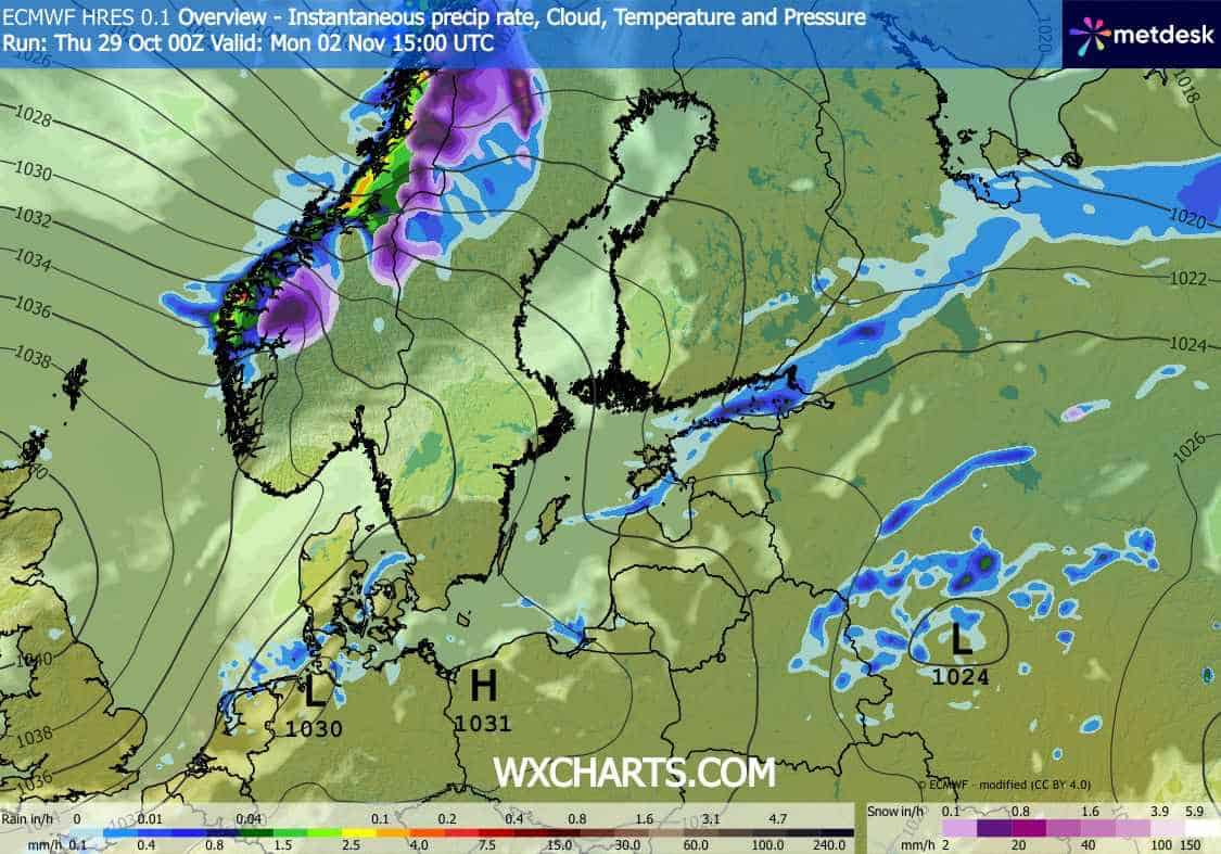 Prognozowany zasięg i typ opadów na 2 listopada według europejskiego modelu ECMWF.