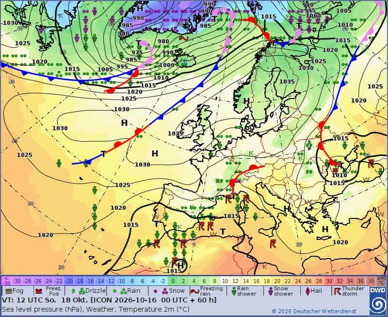 Obecna sytuacja synoptyczna. Załamanie pogody w centrum Europy na razie nam nie grozi.
